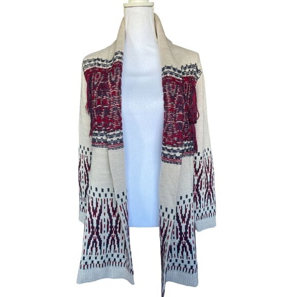 Style & Co Sweater Cardigan Women's Sz Small Open Front Tan Red Blue Fringe - Picture 7 of 11